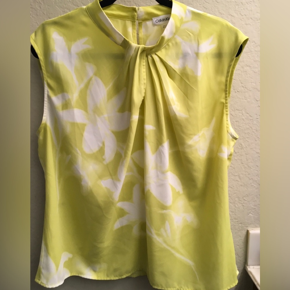 Calvin Klein Yellow/greenish and White Pleated Neck Floral Camisole